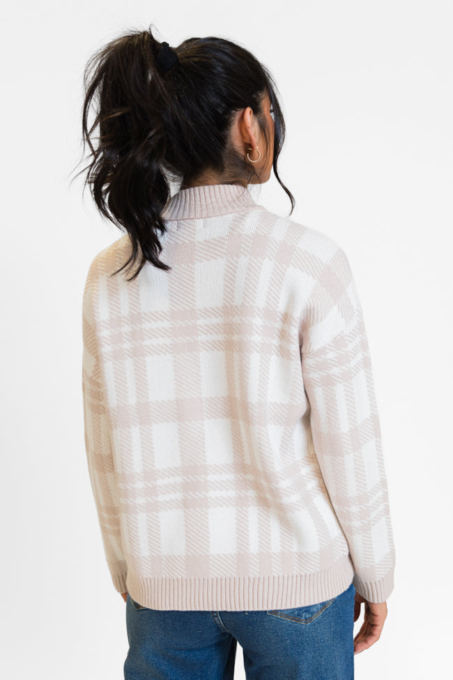 Make It Count Beige Plaid Printed Quarter Zip Pullover SALE Comfortable