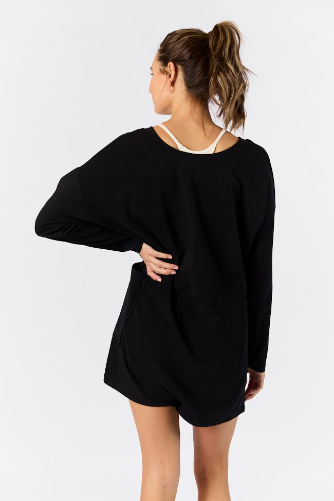 On A Daily Basis Black Deep V-Neck Pocketed Long Sleeve Romper 100% Authentic