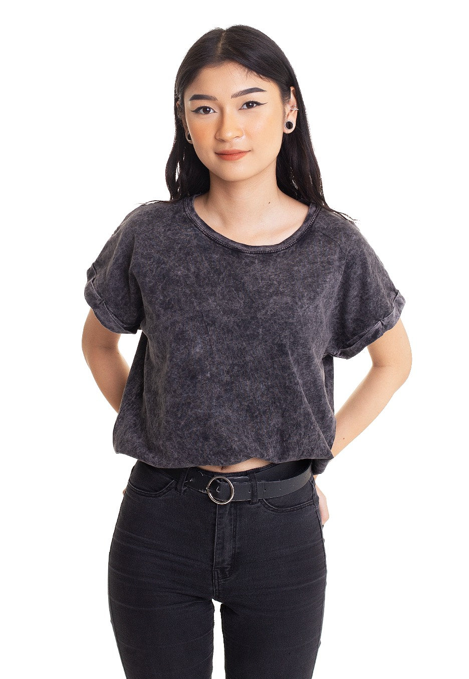 Dark Moon - Acid Washed Extended Shoulder Darkgrey - Girly For Cheap Online