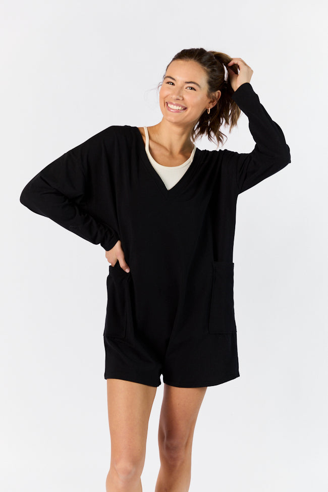 On A Daily Basis Black Deep V-Neck Pocketed Long Sleeve Romper 100% Authentic