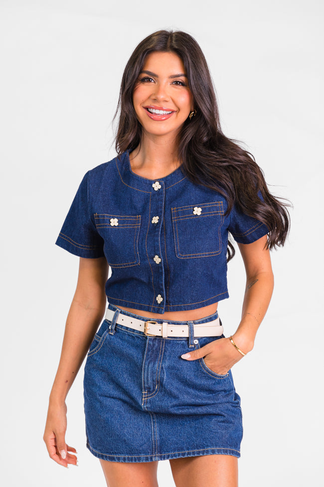 Little Details Dark Wash Denim Button Front Crop Blouse FINAL SALE Cost Online