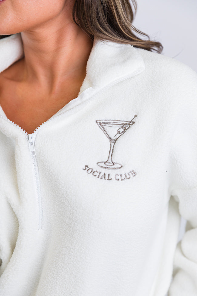 After Hours Ivory and Taupe Social Club Martini Embroidered Fleece Pullover FINAL SALE Free Shipping In China