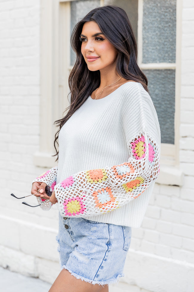 Something To Tell Ivory Bright Multi Crochet Sleeve Sweater  FINAL SALE Buy