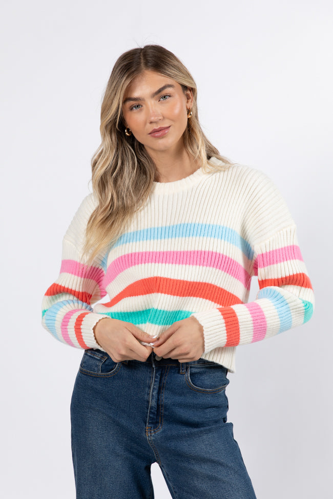 I'm Just Thinking Multi Color Stripe Hem Crew Neck Sweater FINAL SALE