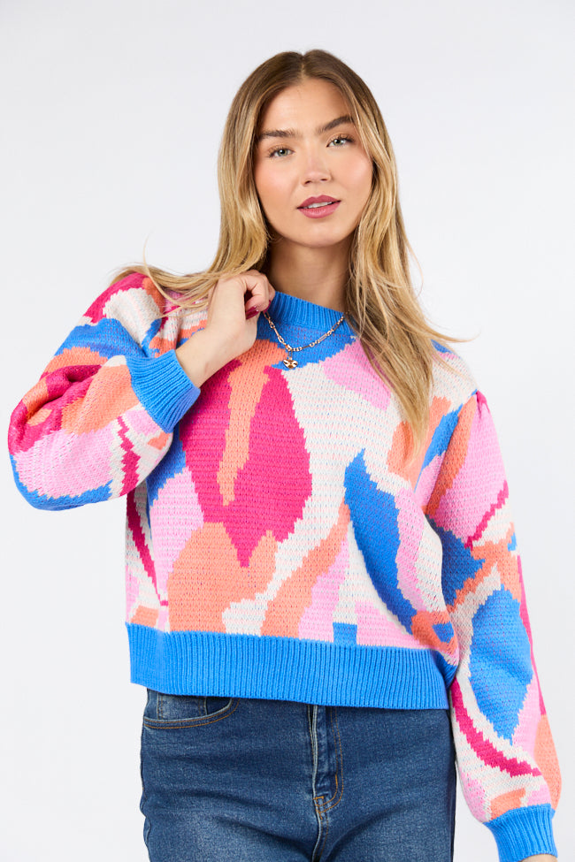 On My Side Blue Multi Color Sweater Cheap Sale Websites