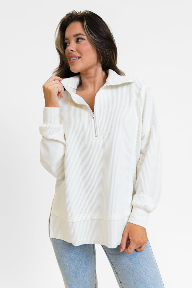 Fireside Festivities Cream Ribbed Quarter Zip Pullover Free Shipping Looking For