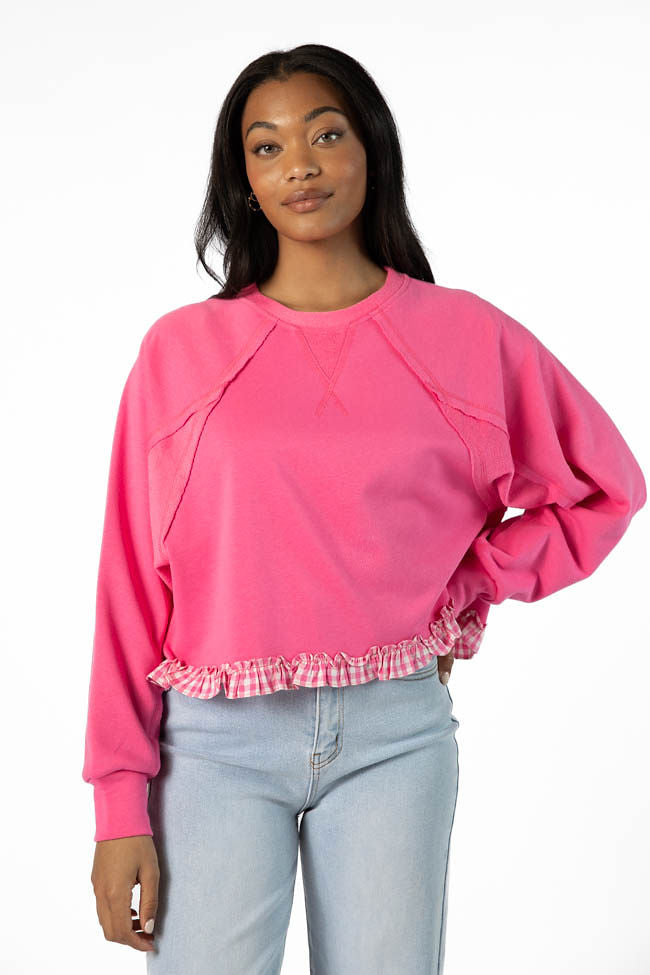 Away We Go Cropped Pink Gingham Ruffle Hem Crew Neck Sweatshirt Cost Cheap Pice