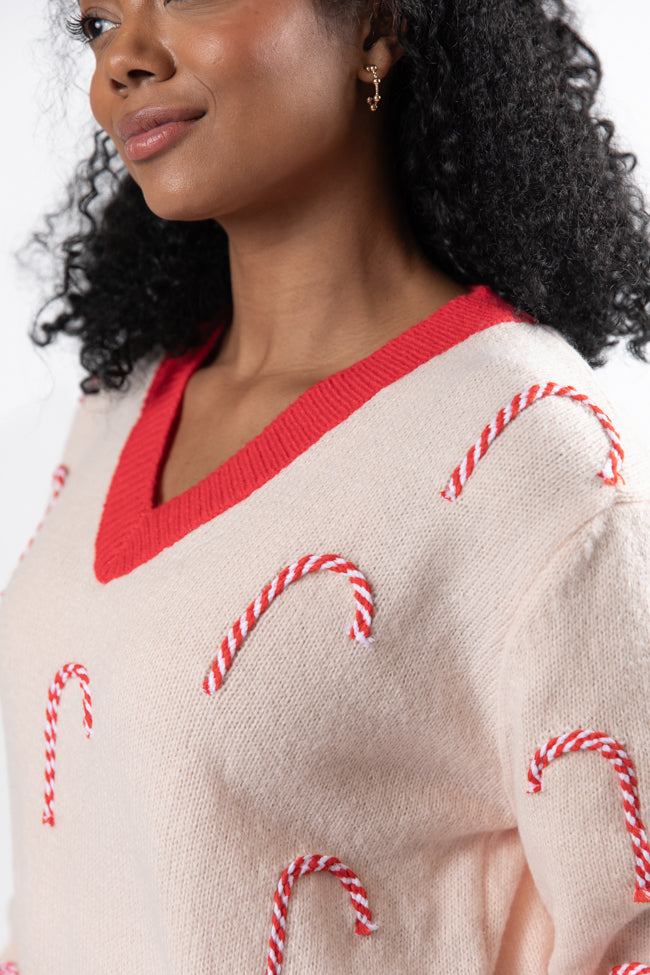 Candy Craze Pink and Red Candy Cane Patch V-Neck Sweater Macy Blackwell X Pink Lily FINAL SALE Sast Sale Online