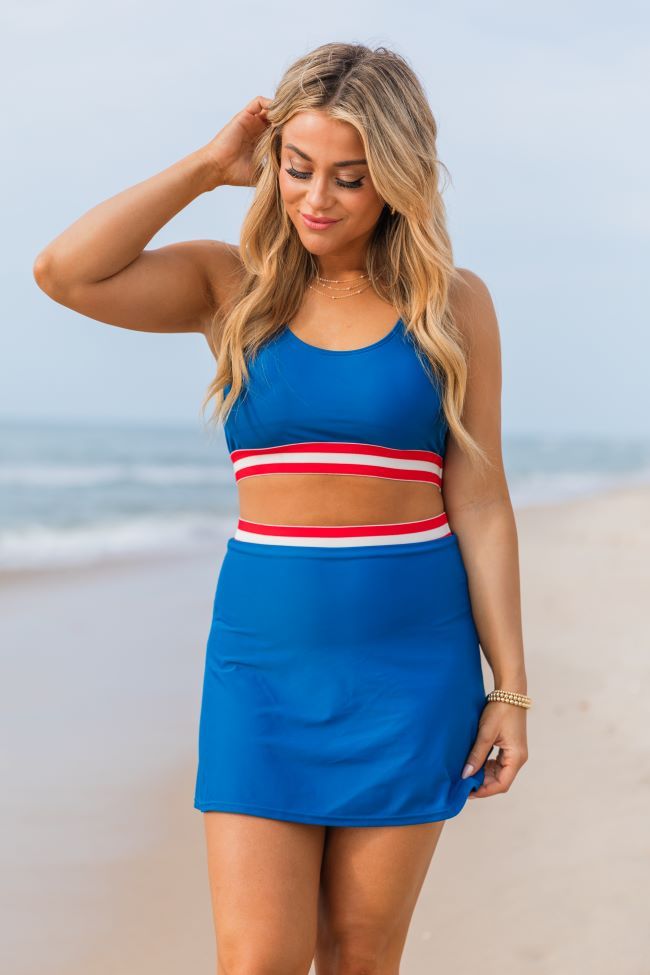 Out On The Water Blue Solid Swim Skort With Striped Trim FINAL SALE Discount Best Sale