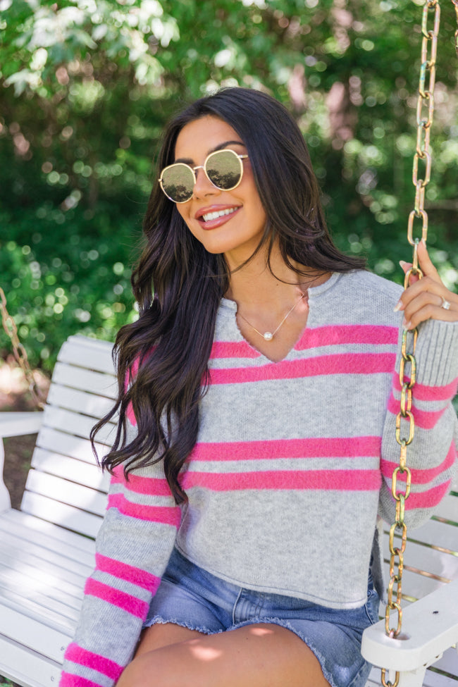 Sweet Affection Grey And Fuchsia Striped Notched Neck Sweater Browse For Sale