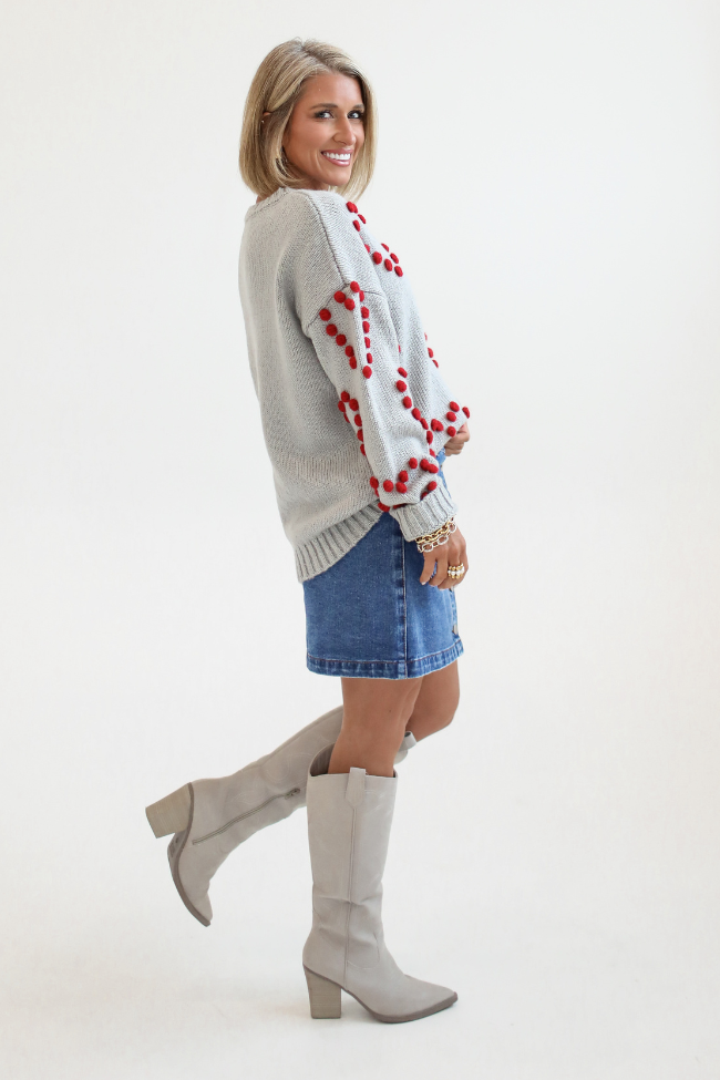 Adore You Grey and Red Oversized Heart Pom Sweater Kalee Rogers X Pink Lily FINAL SALE Explore Cheap Pice