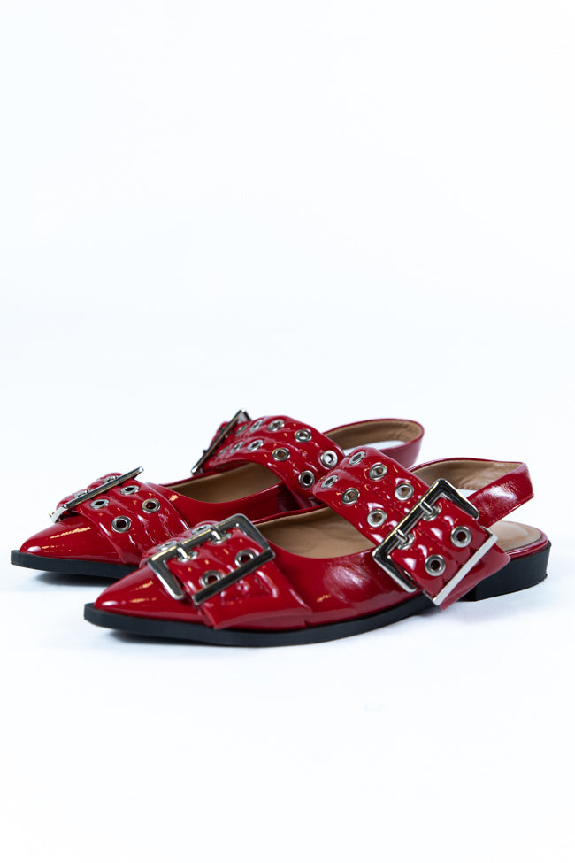 Addison Red Leather Buckle Slingback Flat Clearance Clearance