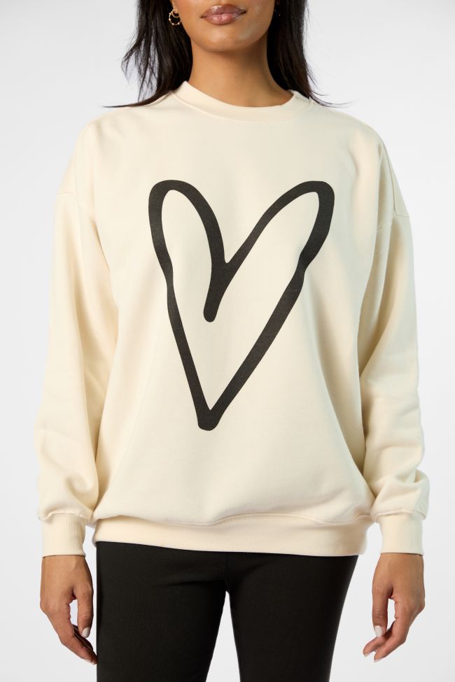 Black Heart Sketch Cream Oversized Graphic Sweatshirt Clearance Hot Sale