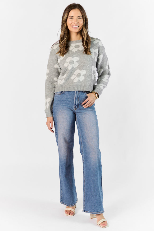 Get To Know You Heather Grey Floral Sweater Cheap Affordable