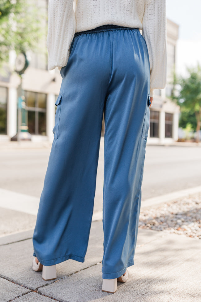 Cool Touch Blue Satin Cargo Pull On Pants FINAL SALE Clearance Supply