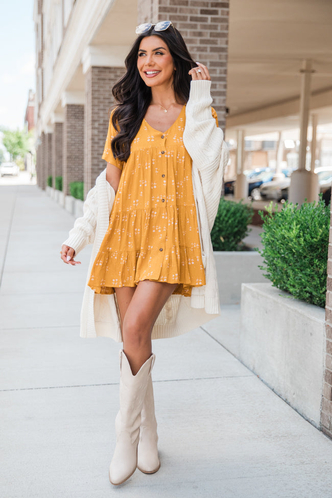 Modern Muse Mustard Floral Print Button Up Dress FINAL SALE Cheap Order