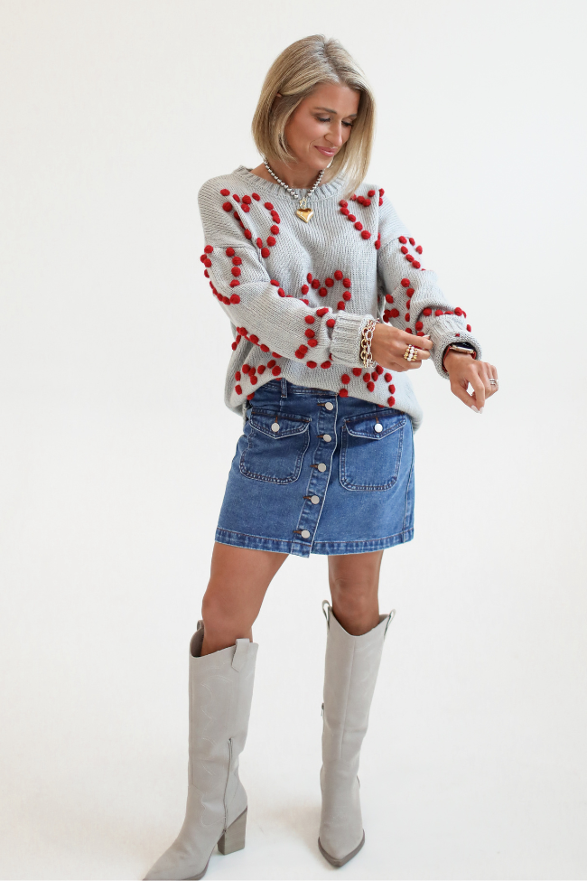 Adore You Grey and Red Oversized Heart Pom Sweater Kalee Rogers X Pink Lily FINAL SALE Explore Cheap Pice