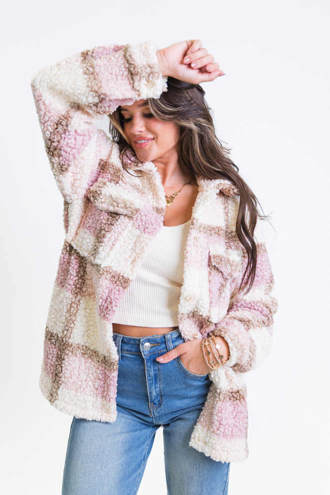 Beloved Memories Pink Plaid Sherpa Shacket Sale Enjoy