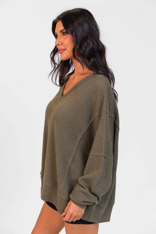 Perfect Score Olive Oversized Waffle V-Neck Top Cheap Order