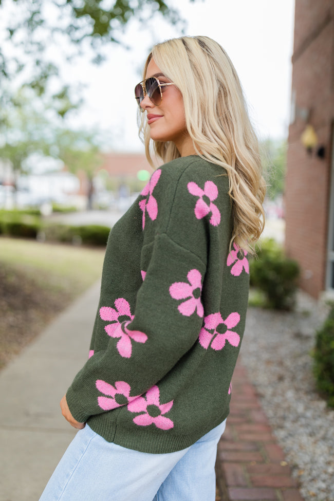 Keep You Around Olive and Pink Floral V-neck Sweater SALE Clearance Limited Edition