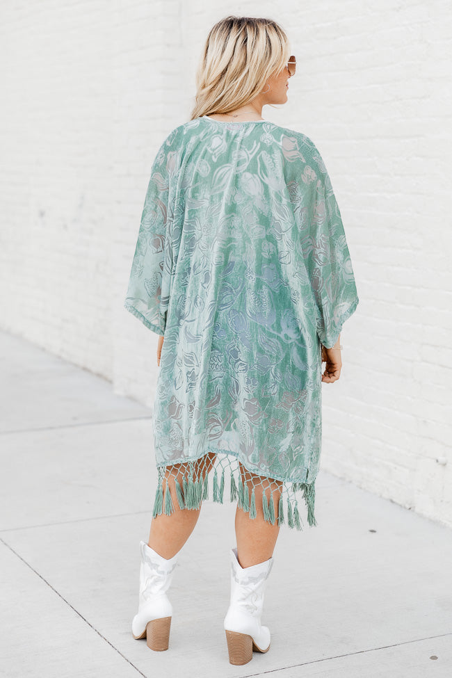 Unapologetically You Sage Velvet Floral Fringe Trim Kimono FINAL SALE Cheap Supply