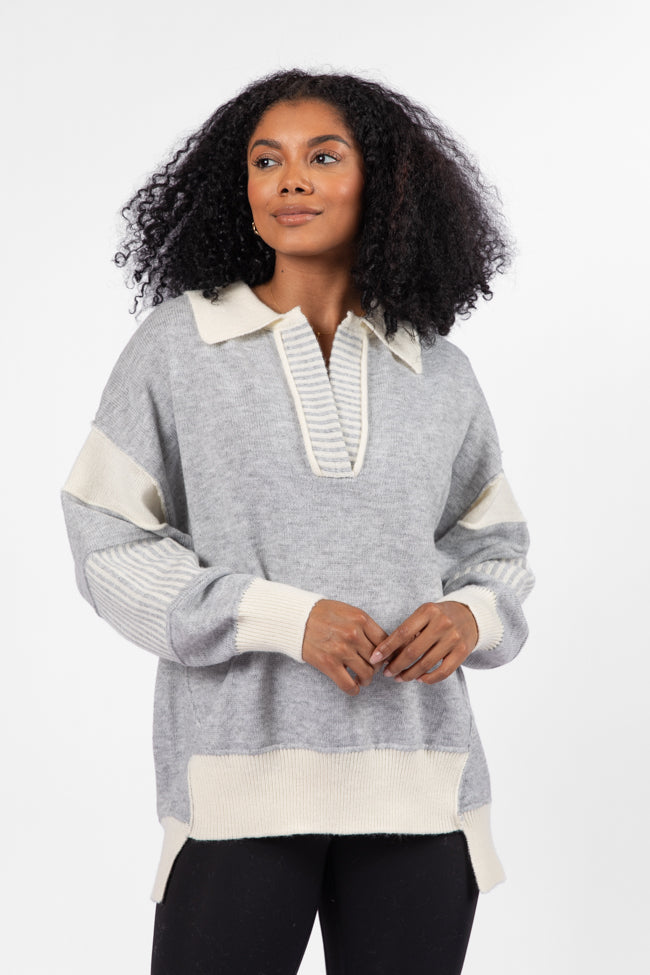 Think About It Heather Grey Collared Oversized Sweater Good Selling Sale Online