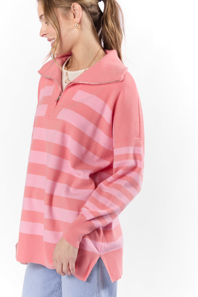 Pulling Heartstrings Coral Multi Stripe Quarter Zip Pullover Buy Cheap Hot Sale