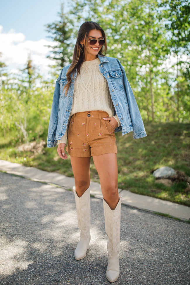 So Glad We're Buds Brown Floral Embroidered Corduroy Shorts FINAL SALE