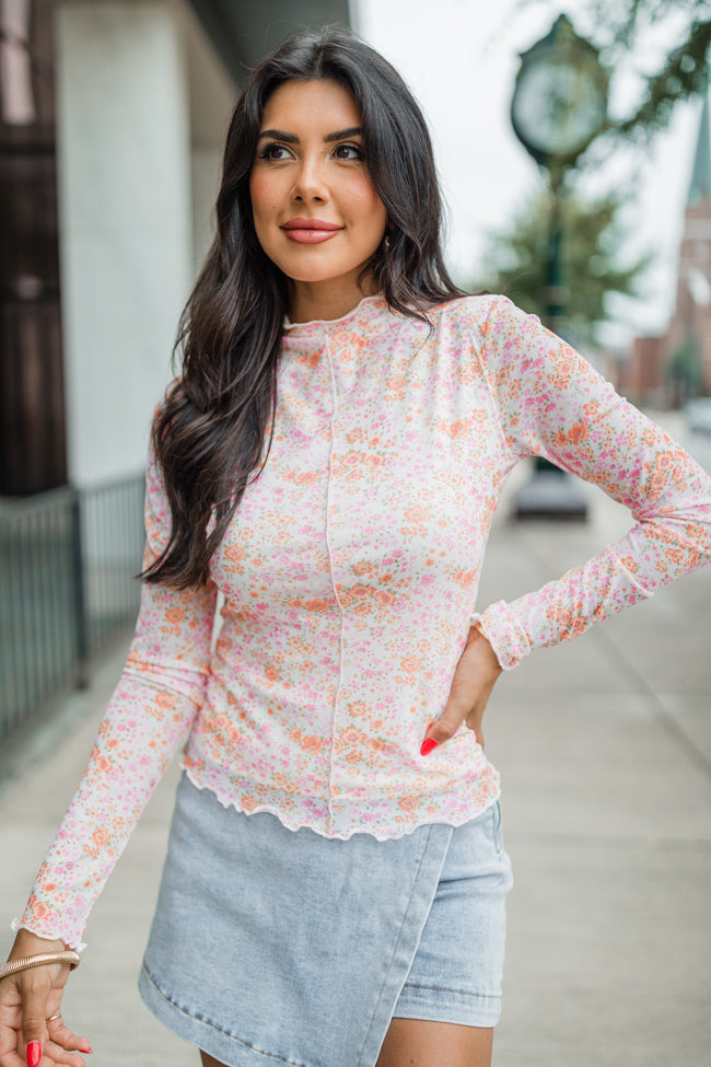 Take Me Anywhere Pink and Orange Floral Mesh Sleeve Mock Neck Top FINAL SALE Finishline Online