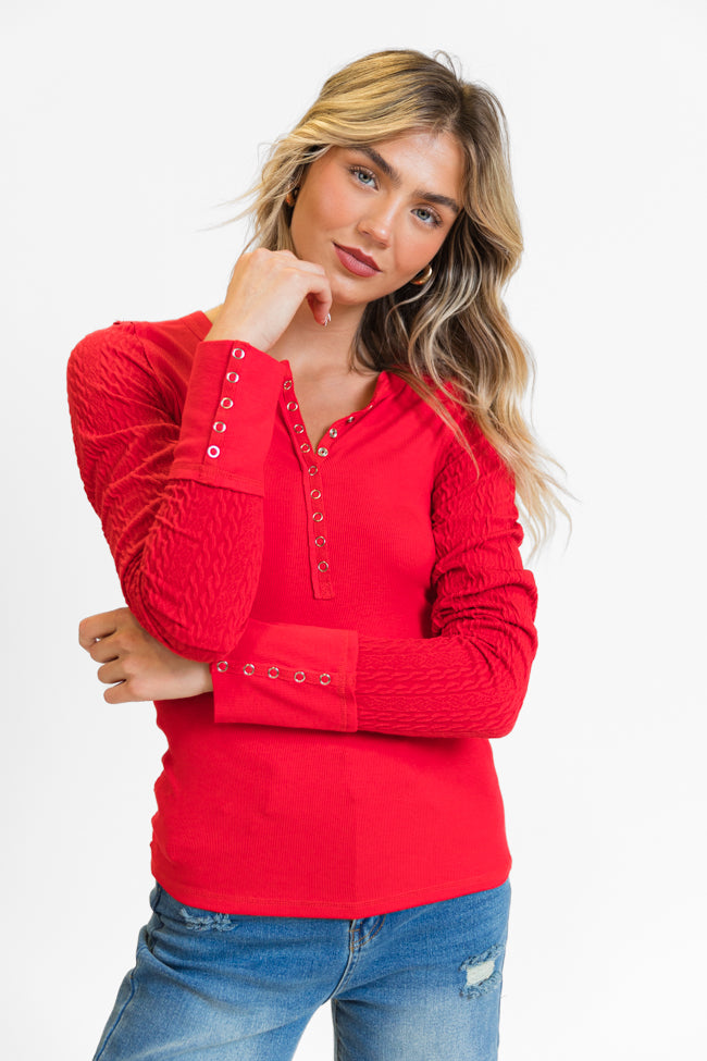 All The Better Red Cable Knit Sleeve Knit Henley Top FINAL SALE Fashionable Cheap Pice