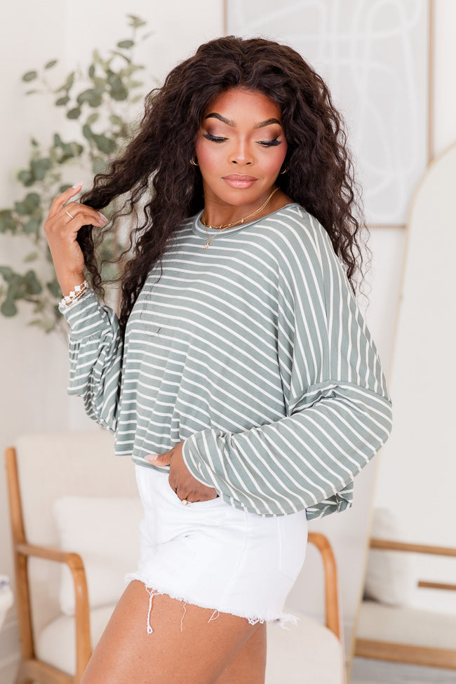 Oh Happy Days Sage Striped Crop Knit Tee Free Shipping