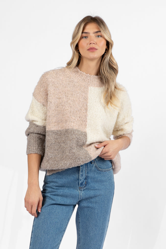 All On You Beige Multi Fuzzy Colorblock Mock Neck Sweater Cheap With Mastercard