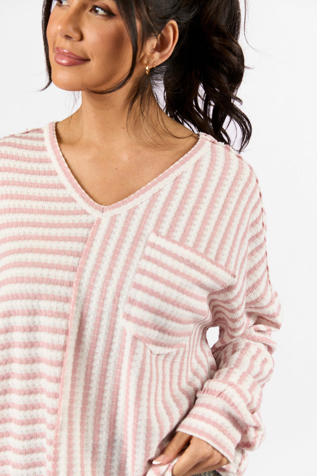 All For Sun Pink and Ivory Striped Knit V-Neck Long Sleeve Tee Lowest Pice Cheap Pice