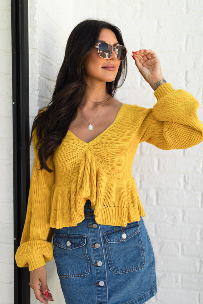 Find Your Way Mustard Ruffle Hem V-Neck Sweater FINAL SALE Buy Cheap Largest Supplier