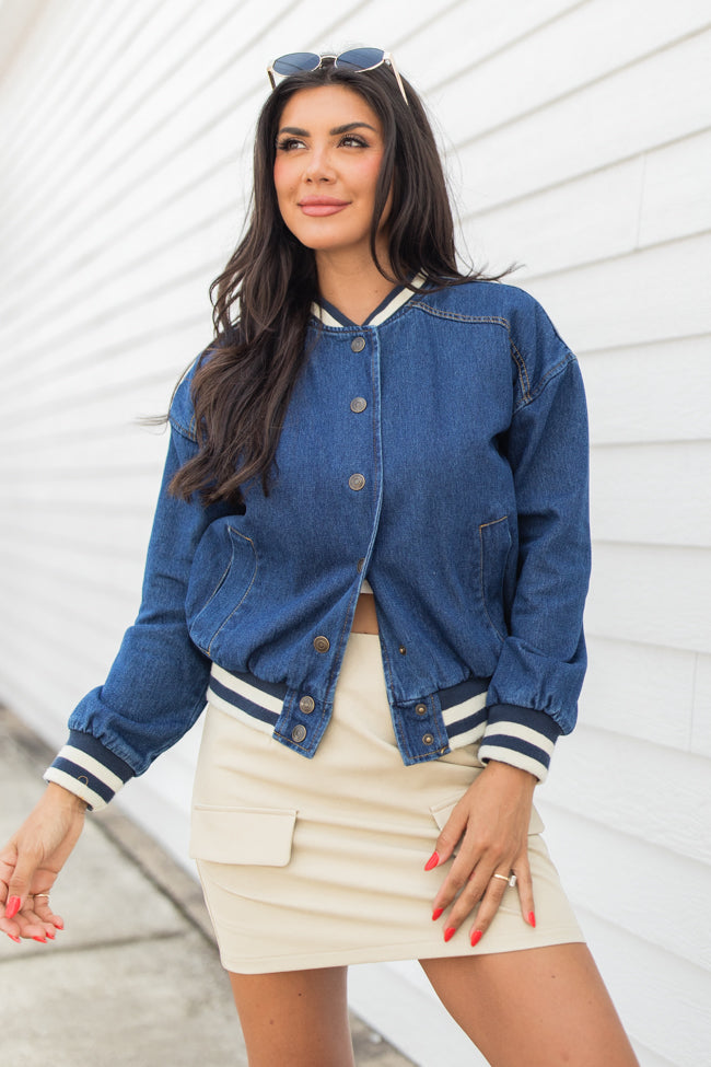 Never Left Me Denim Bomber Jacket Clearance Hot Sale