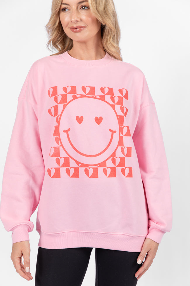 Heart Checkered Smiley Light Pink Oversized Graphic Sweatshirt Discount Reliable