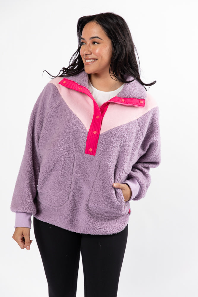 Good Feelings Purple Multi Colorblock Sherpa Pullover SALE Sale Get To Buy