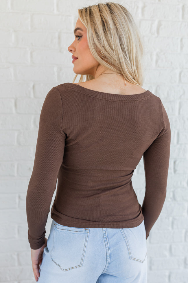 Make Your Choice Brown Ribbed Scoop Neck Long Sleeve Tee FINAL SALE Buy Cheap For Nice