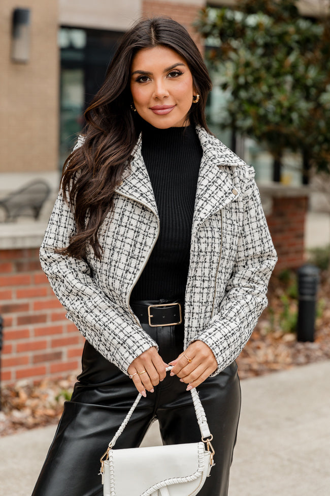 Serious Business Woman Cream and Black Plaid Boucle Tweed Moto Jacket FINAL SALE Cheap Sale Best Store To Get