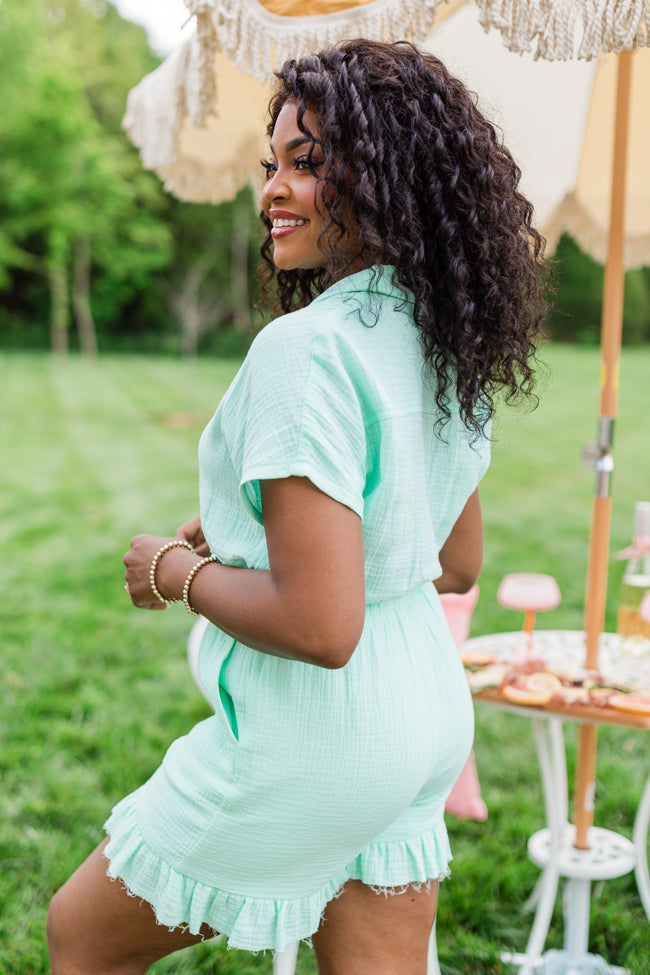 Stop And Stare Mint Flutter Hem Collared Romper Outlet Manchester