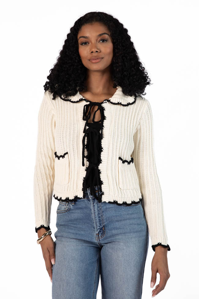 Aim High Cream and Black Tie Front Crochet Cardigan Cheap Sale Pick A Best