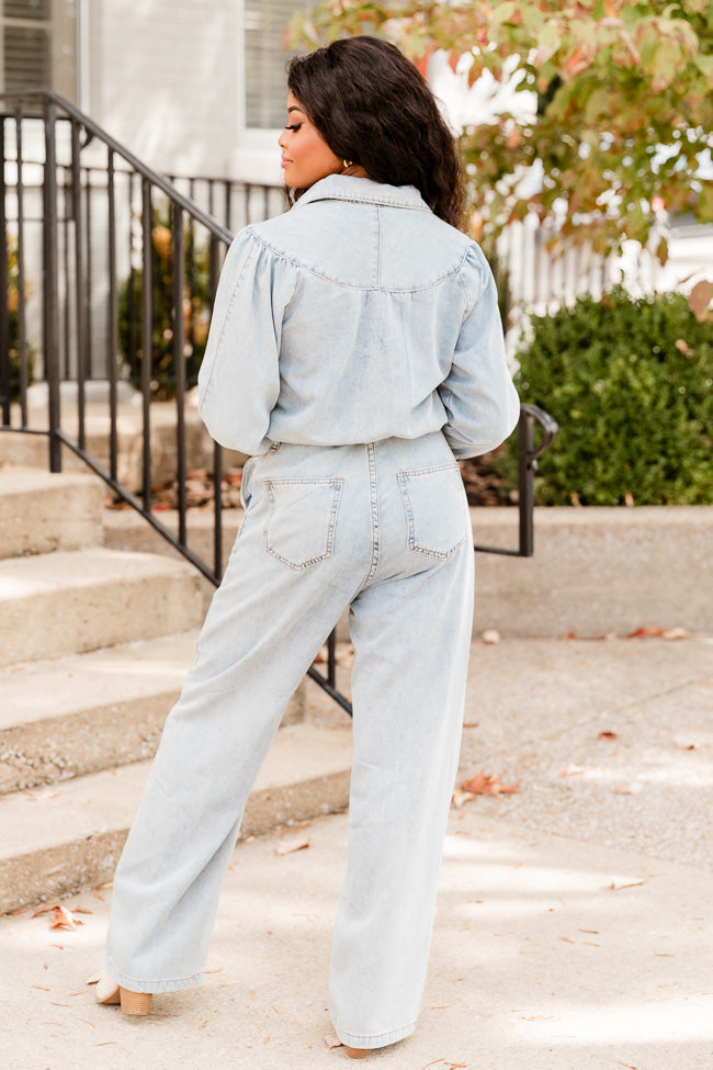 One More Time Long Sleeve Belted Denim Button Up Jumpsuit FINAL SALE Manchester Great Sale Cheap Online