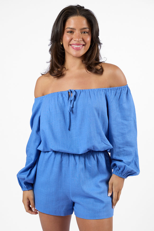 Deep Dive Blue Off The Shoulder Shorts Set Outlet Visit