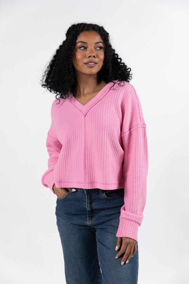 Living Right Pink Ribbed V-Neck Knit Top FINAL SALE Amazon Cheap Pice