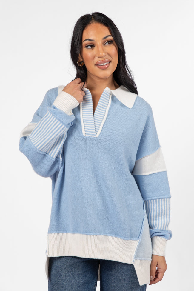 Think About It Sky Blue Collared Oversized Sweater Pre Order Online