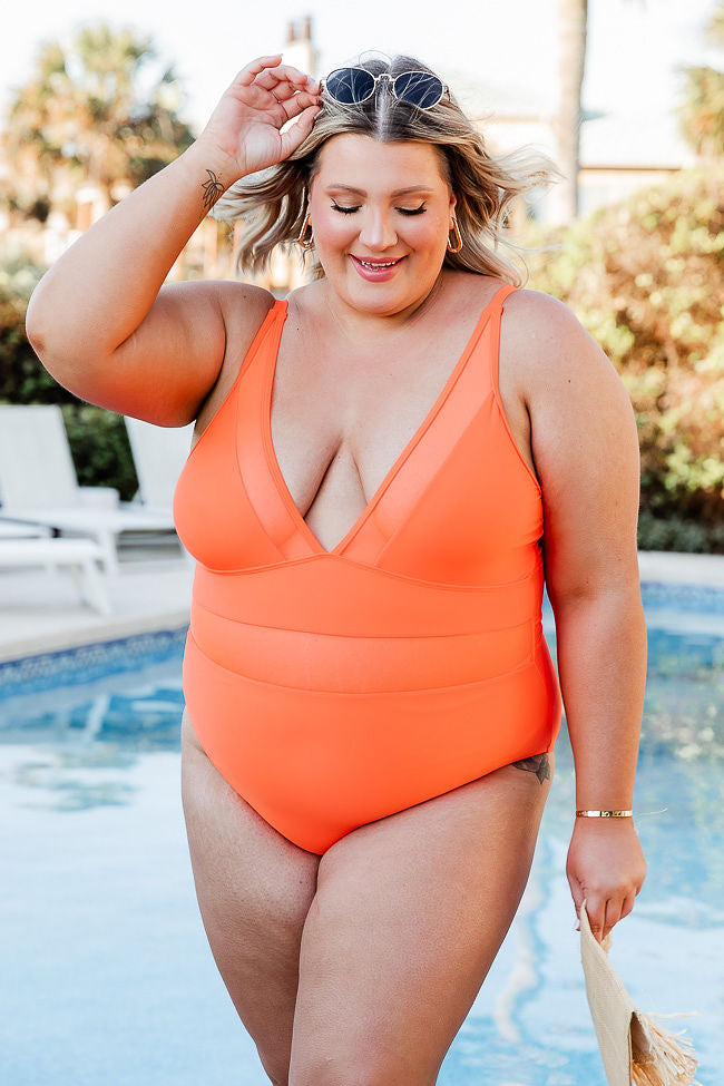 Lost In The Waves Bright Orange V-Neck One Piece Swimsuit FINAL SALE Clearance Wholesale Pice