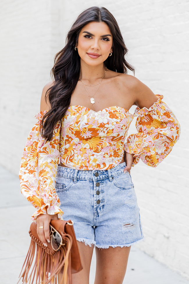 On My Mind Pink And Yellow Multi Printed Off The Shoulder Corset Blouse FINAL SALE Shop For Sale