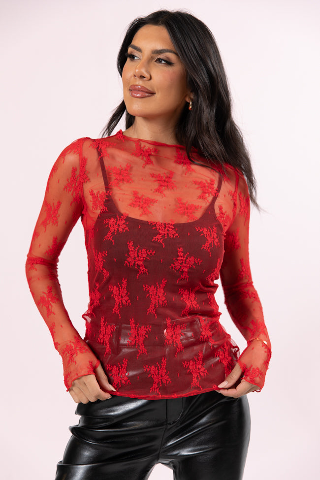 Speak Your Truth Red Mock Neck Lace Layering Blouse FINAL SALE Sale Visa Payment