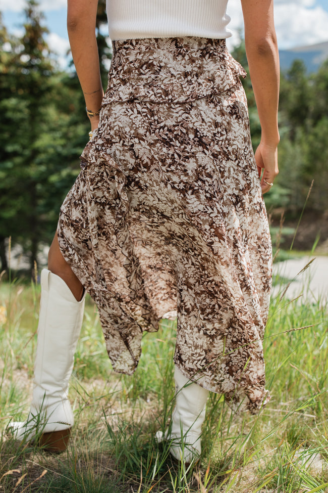 The Way Love Goes Brown Floral Ruffled Detail Midi Skirt FINAL SALE Shop Offer For Sale