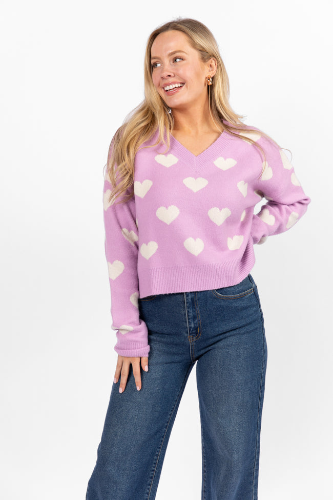 By The Book Lilac Hearts V-Neck Sweater FINAL SALE Cheap Sale Huge Surprise